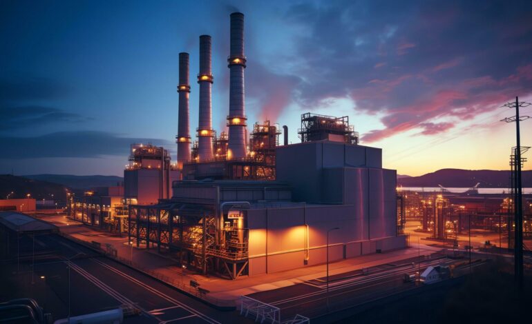 Panoramic view of gas turbine electrical power plant in twilight sky background, industry concept, AI Generated Free Photo