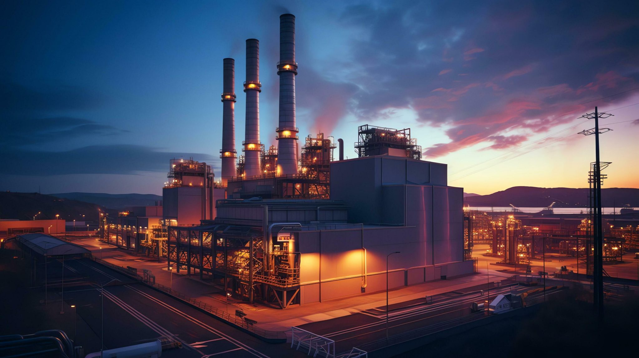 Panoramic view of gas turbine electrical power plant in twilight sky background, industry concept, AI Generated Free Photo